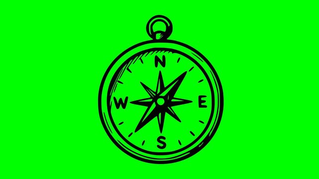 hand drawn compass animation with solid black fill on green screen chroma key background. Nautical navigation tool icon for travel and adventure projects. Detailed drawing without white fills
