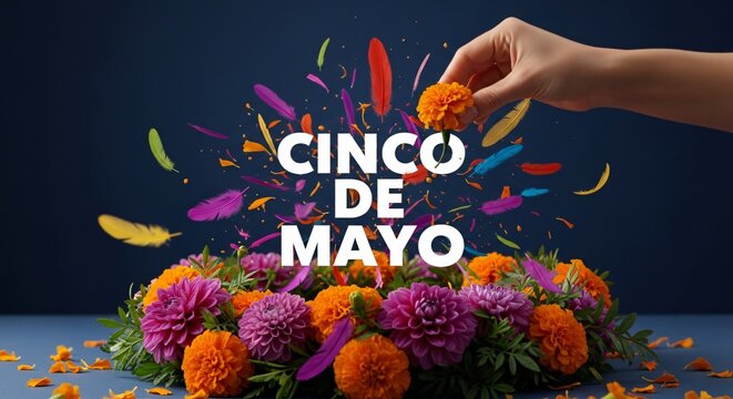 Cinco de Mayo texto blanco sobre arreglo floral con mano, cempas&uacute;chil, dalias y plumas de colores vibrantes, celebraci&oacute;n cultural de M&eacute;xico en fondo azul oscuro, dise&ntilde;o festivo.
