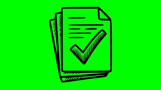 Animated hand drawn document icon with checkmark in black fill style. Features a playful bottom bounce effect on a green screen chroma key background for easy integration in business videos