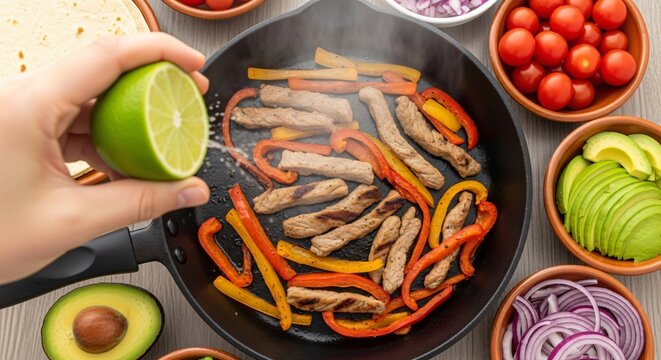 Exprimir lima fresca sobre fajitas de carne y pimientos en sart&eacute;n, ingredientes de tacos mexicanos con aguacate y tomate, comida festiva para el Cinco de Mayo, cocina saludable.
