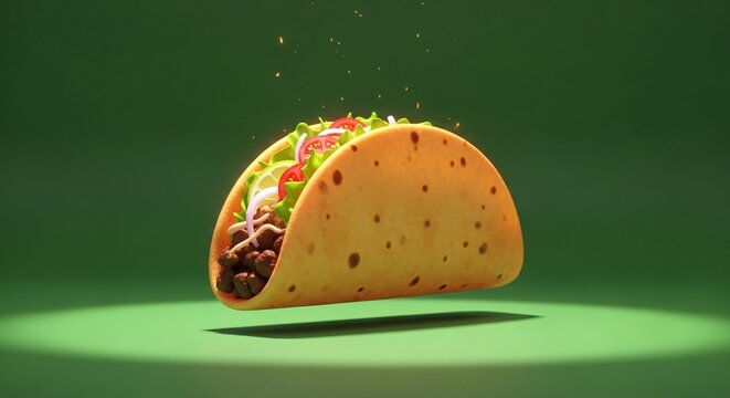 Taco mexicano estilizado flotando sobre fondo verde, ilustraci&oacute;n 3D de comida con carne picada, verduras frescas y lima, concepto festivo de Cinco de Mayo con part&iacute;culas