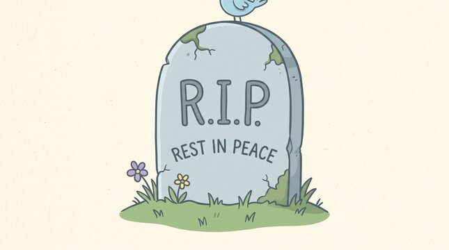 Memorial Stone: A touching illustration of a weathered memorial stone, with the inscription R.I.P. Rest In Peace. A charming bluebird perches atop, accompanied by a sprig of wildflowers.