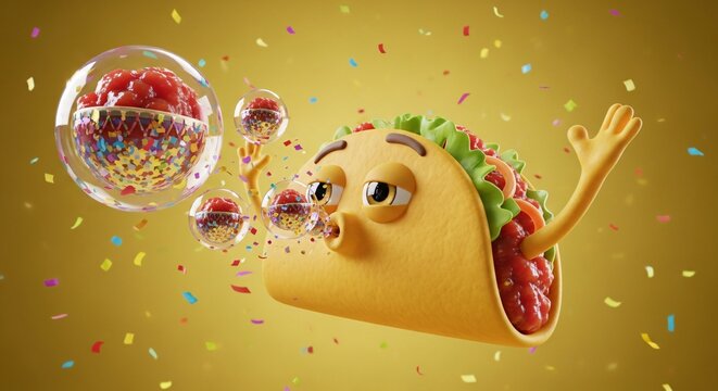 Personaje de taco animado soplando burbujas de salsa con confeti, celebraci&oacute;n festiva de Cinco de Mayo, concepto creativo de comida mexicana en 3D sobre fondo amarillo vibrante.