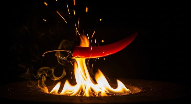 Chile rojo picante levitando sobre llamas de fuego y chispas, concepto culinario de calor intenso para cocina mexicana, condimento ardiente, atm&oacute;sfera dram&aacute;tica de Cinco de Mayo.