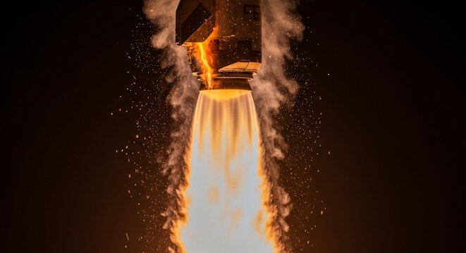 Motor de cohete con potente llamarada naranja y chispas volando, concepto de energ&iacute;a explosiva para celebraci&oacute;n de fiesta, despegue tecnol&oacute;gico y pirotecnia festiva intensa.