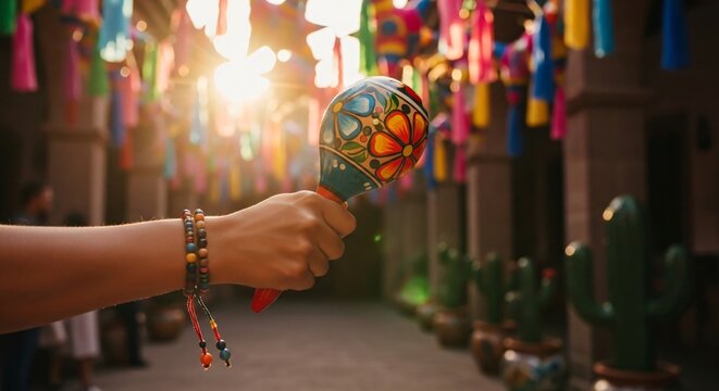 Mano sosteniendo maraca mexicana decorada en festival vibrante de Cinco de Mayo, ambiente festivo con decoraciones coloridas, cactus y luz solar brillante, celebraci&oacute;n cultural.
