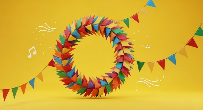 Corona de banderines festivos de colores sobre fondo amarillo para celebraci&oacute;n de Cinco de Mayo, concepto de fiesta mexicana con notas musicales y dise&ntilde;o vibrante 3D moderno.