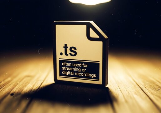 3D Physical TS File Format Icon on Dark Wood Surface with Dramatic Spotlight, TypeScript and Video Streaming File Concept