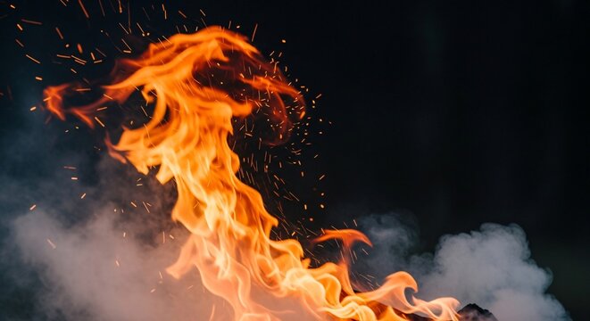 Llamas ardientes con chispas y humo para celebraci&oacute;n de Cinco de Mayo, parrillada festiva mexicana al aire libre, calor de fogata tradicional, fondo de barbacoa nocturna en&eacute;rgica.