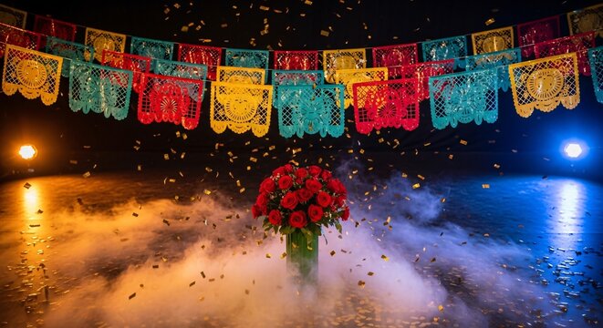 Ramo de rosas rojas bajo papel picado mexicano con confeti dorado y niebla m&iacute;stica, luces naranja y azul para celebraci&oacute;n festiva de Cinco de Mayo y cultura latina.
