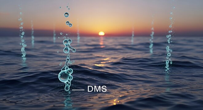 DMS dimethyl sulfide molecule bubbles rising from ocean surface at sunset, marine chemistry gas emission concept with cinematic sea background