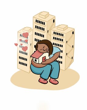 Woman Hugs a Small House in Front of Tall Buildings