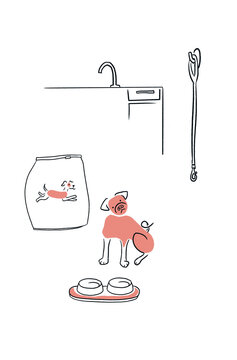 Minimal illustration of a pug dog waiting for his food. 
