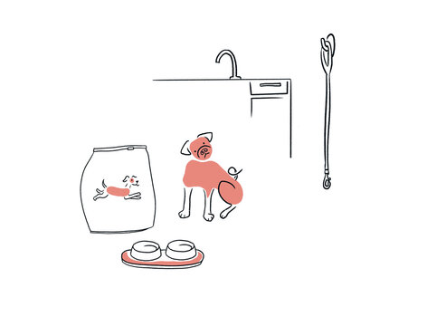 Minimal illustration of a pug dog waiting for his food. 
