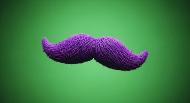 Bigote morado peludo estilo manillar sobre fondo verde, concepto festivo para celebraci&oacute;n del Cinco de Mayo, accesorio de disfraz divertido, cultura mexicana y fiesta alegre.