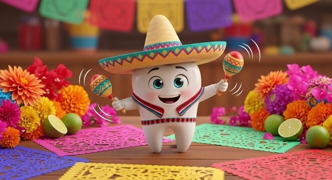 Diente animado celebrando el Cinco de Mayo con sombrero y maracas, rodeado de flores vibrantes y papel picado colorido, concepto creativo de odontolog&iacute;a y salud dental alegre.