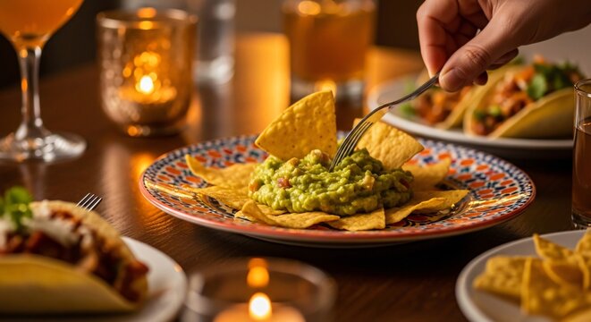 Delicioso guacamole fresco con totopos crujientes en plato artesanal, celebraci&oacute;n de Cinco de Mayo, ambiente festivo con tacos, margaritas y luz de velas en restaurante mexicano.