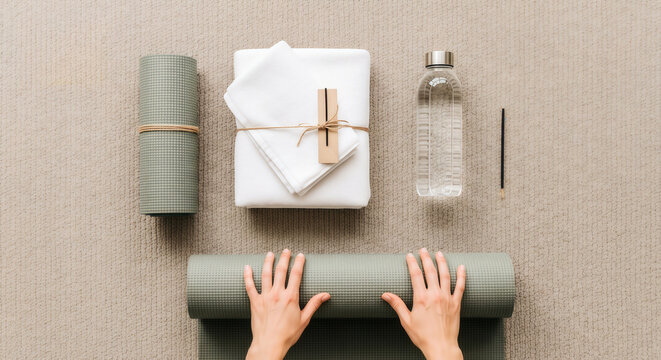Hands rolling up a green yoga mat among wellness and fitness items.