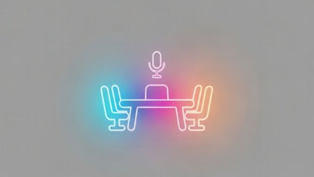 Dynamic neon outline of a digital meeting space with microphone and chairs for interactive