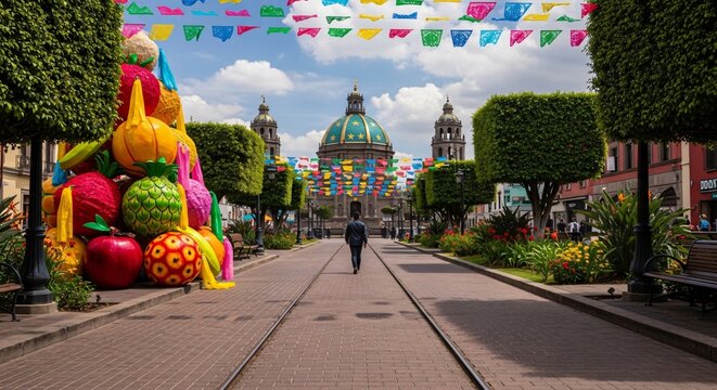 Celebraci&oacute;n del Cinco de Mayo en M&eacute;xico con papel picado, esculturas frutales coloridas y catedral hist&oacute;rica, hombre caminando por calle peatonal, ambiente festivo y cultural.