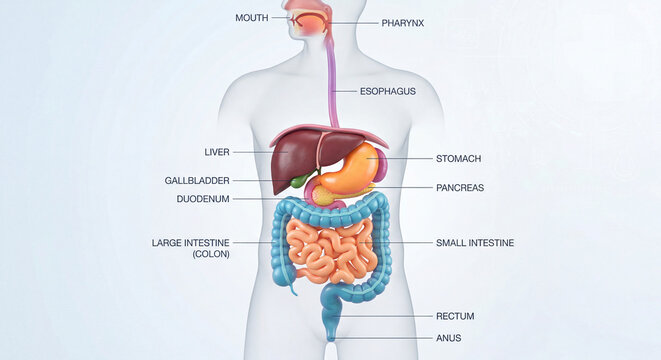 Anatomical illustration of the human digestive system showing organs like the stomach, intestines, and liver