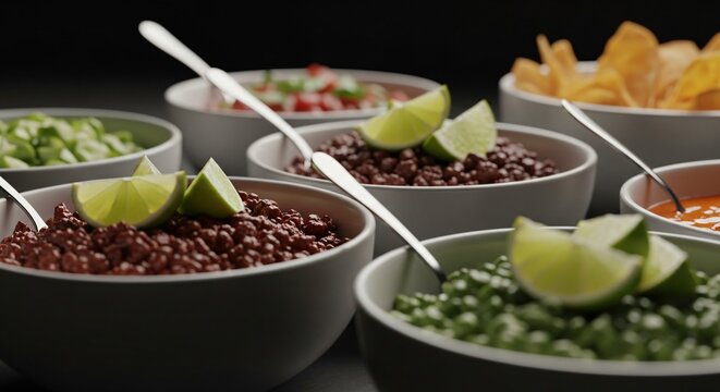 Aperitivos mexicanos para el Cinco de Mayo con salsas, legumbres y limas frescas en cuencos blancos, comida festiva tradicional, concepto de buffet gastron&oacute;mico y celebraci&oacute;n.