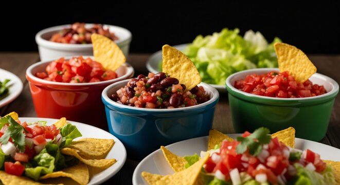 Variedad de salsas mexicanas, pico de gallo y totopos para Cinco de Mayo, aperitivos tradicionales en cuencos coloridos, comida festiva para fiesta mexicana, catering sabroso.