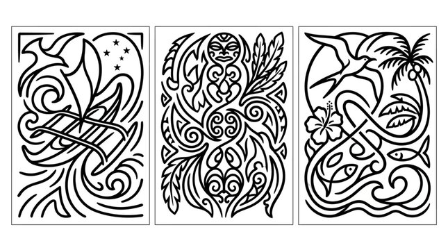 Intricate Black and White Polynesian Art Designs on White Background.