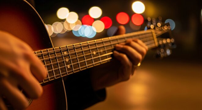 M&uacute;sico tocando guitarra ac&uacute;stica en celebraci&oacute;n nocturna de Cinco de Mayo, ambiente festivo con luces bokeh, tradici&oacute;n mexicana, fiesta cultural, m&uacute;sica en vivo