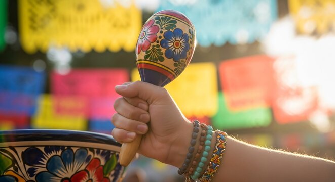 Mano sosteniendo maraca artesanal decorada durante celebraci&oacute;n de Cinco de Mayo, fondo de papel picado vibrante, ambiente de fiesta mexicana tradicional y alegre bajo el sol.