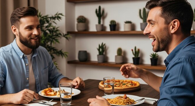 Amigos celebrando el Cinco de Mayo, hombres j&oacute;venes compartiendo cena en restaurante, risas y conversaci&oacute;n animada, ambiente festivo con decoraci&oacute;n de cactus, estilo de vida.