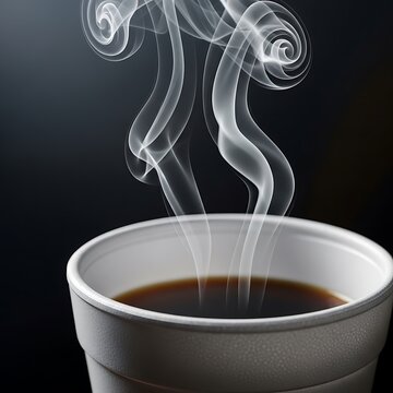 Hot steaming black coffee in a white disposable styrofoam cup against a dark background. polystyrene cup