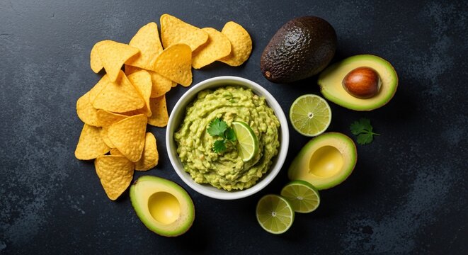 Guacamole casero en taz&oacute;n con totopos crujientes, aguacates frescos, limas y cilantro sobre fondo oscuro. Aperitivo tradicional para fiesta de Cinco de Mayo y gastronom&iacute;a mexicana.