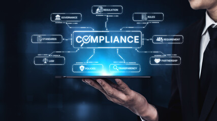 Obraz premium Compliance ensures alignment with standards, laws, and policies. A strong compliance system helps enforce regulation, protect organizations, and improve global compliance transparency. Spline