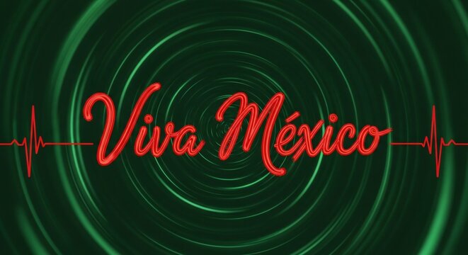 Viva M&eacute;xico en caligraf&iacute;a roja vibrante sobre fondo verde de espirales hipn&oacute;ticas con l&iacute;nea de pulso card&iacute;aco, ideal para celebraciones patrias, Cinco de Mayo y orgullo nacional.