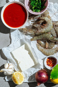 Raw Shrimps with Ingredients on Parchment