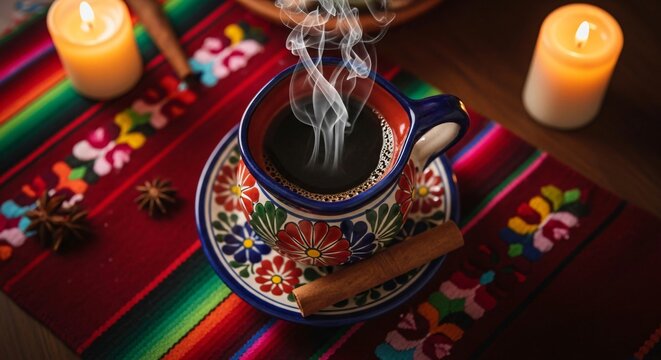 Caf&eacute; de olla humeante en taza de cer&aacute;mica Talavera sobre zarape colorido, decorado con canela y velas, ambiente tradicional mexicano para celebraci&oacute;n del Cinco de Mayo.