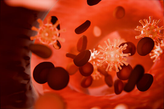 Virus cells flowing through blood vessel