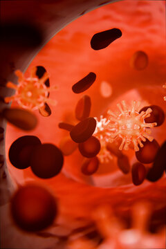 Virus cells flowing through blood vessel