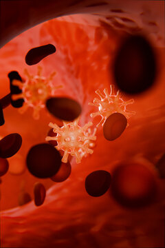 Virus cells flowing through blood vessel