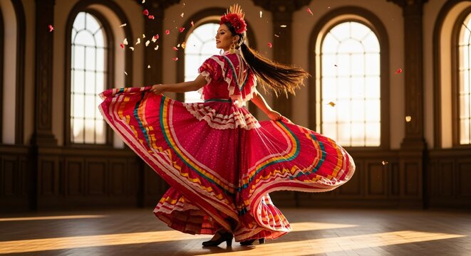Bailarina folcl&oacute;rica mexicana girando en un vestido rosa vibrante, celebraci&oacute;n del Cinco de Mayo, danza tradicional, p&eacute;talos en el aire, cultura de M&eacute;xico, elegancia y alegr&iacute;a.