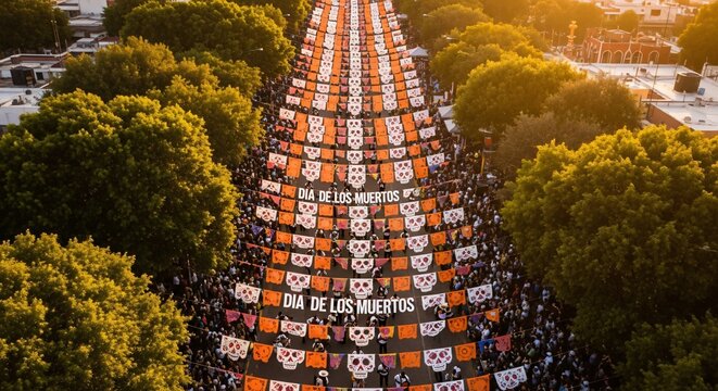 Celebraci&oacute;n del D&iacute;a de los Muertos con papel picado y calaveras sobre calle concurrida, festival tradicional mexicano, desfile cultural en perspectiva a&eacute;rea