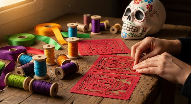 Artesan&iacute;a mexicana con papel picado rojo, manos trabajando decoraciones tradicionales, calavera decorativa y carretes de hilos vibrantes, concepto festivo de Cinco de Mayo.