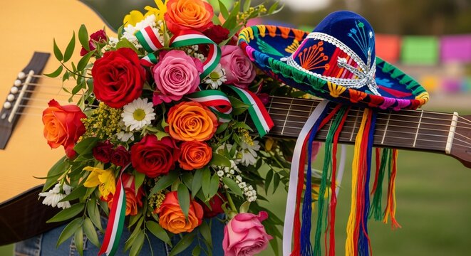 Guitarra ac&uacute;stica con ramo de rosas, sombrero charro bordado y cintas de la bandera mexicana, celebraci&oacute;n de Cinco de Mayo, ambiente festivo de fiesta y cultura tradicional de