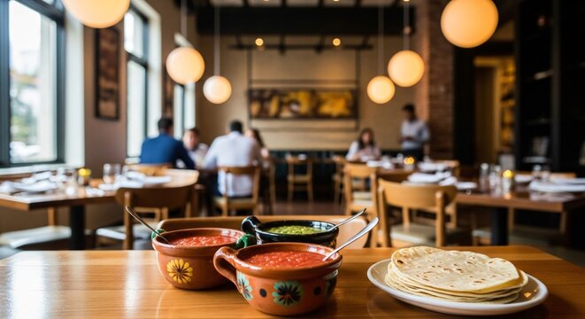 Salsas mexicanas en cuencos de barro con tortillas de ma&iacute;z frescas en restaurante r&uacute;stico, gastronom&iacute;a tradicional para Cinco de Mayo, ambiente c&aacute;lido y festivo de cena social.