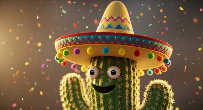 Cactus animado con sombrero mexicano celebrando Cinco de Mayo entre confeti colorido, personaje feliz sonriente saludando, concepto de fiesta mexicana vibrante y divertido.