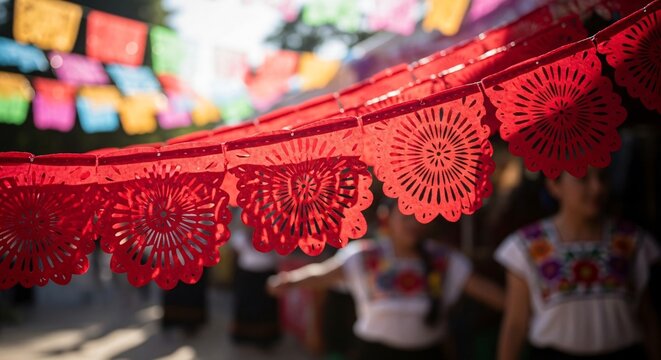 Papel picado rojo vibrante decorando un festival mexicano, celebraci&oacute;n de Cinco de Mayo con gente en trajes tradicionales al fondo, atm&oacute;sfera festiva, cultura y tradici&oacute;n.