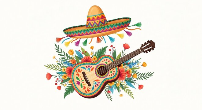 Sombrero y guitarra mexicana decorada con flores vibrantes para celebraci&oacute;n de Cinco de Mayo, ilustraci&oacute;n festiva de mariachi, concepto de fiesta mexicana tradicional y alegre.