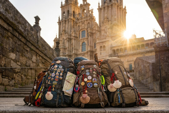 Pilgrim backpacks decorated with shells and pins in front of a sunlit cathedral