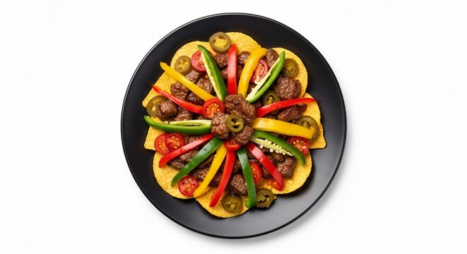 Nachos gourmet con carne, pimientos y jalape&ntilde;os en patr&oacute;n radial. Comida mexicana festiva para Cinco de Mayo, aperitivo tradicional sobre plato negro y fondo blanco aislado.